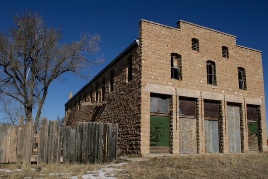 Rustic brick building in an old western town