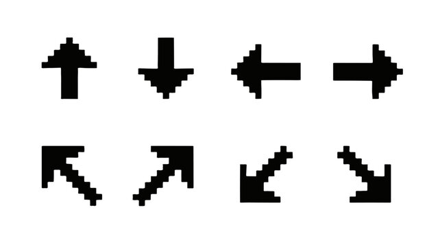 Set of black pixelated directional arrow icons