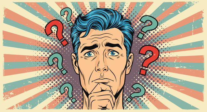 Confused man with blue hair looking up with a puzzled expression surrounded by red and green question marks on a retro background.