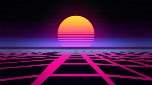 Synthwave Cybernetic Grid Horizon, Retro 80s Neon Sun Mountains 4K Seamless Loop Background