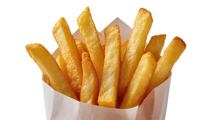 Isolated crispy golden french fries served upright in a simple paper holder, delicious hot snack © Gabriel