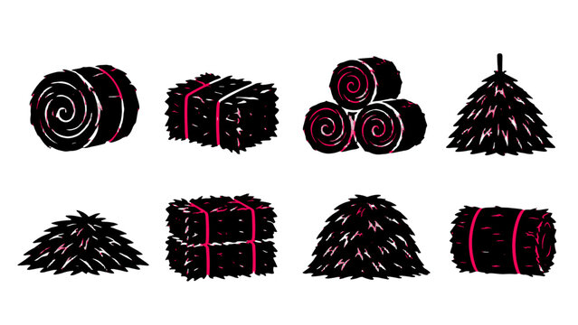 Set of hay bale and haystack silhouettes in vector style