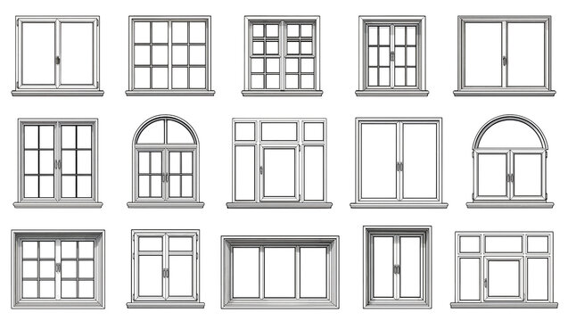 Isolated set of various window designs, architectural elements, outline drawing, building parts.
