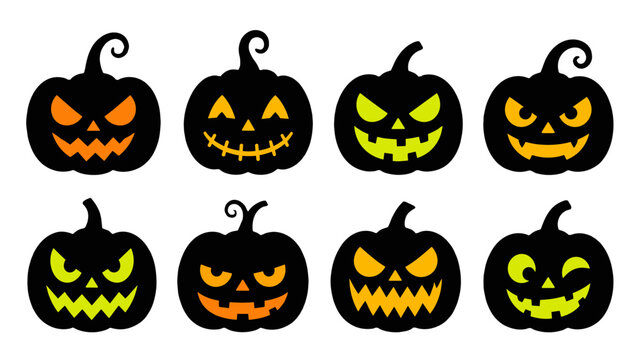Set of black jack o lantern pumpkin faces on white background