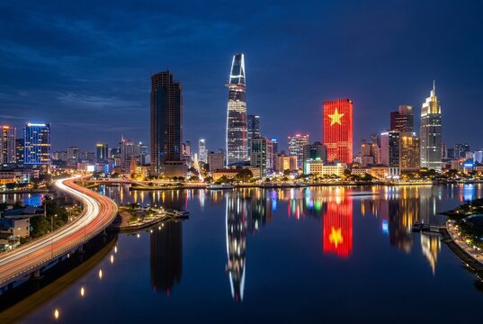 Ho Chi Minh City Vietnam nighttime skyline with Bitexco Financial Tower, illuminated skyscrapers, Saigon River reflections, national flag light display, and vibrant urban scene generated ai
