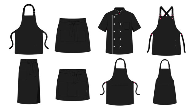Set of black chef aprons and uniform clothing vector
