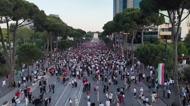 Tirana Demonstration Seen From Drone Above Main Boulevard about zvernec, Narta lagune and Sazan Island