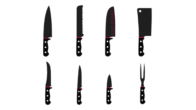 Set of kitchen knives and carving fork in black silhouette