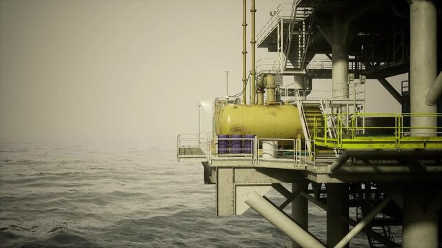 Oil rig edge crowded with gulls and seabirds, dense perched colony on platform beams, contrast between wildlife activity and industrial infrastructure, textured