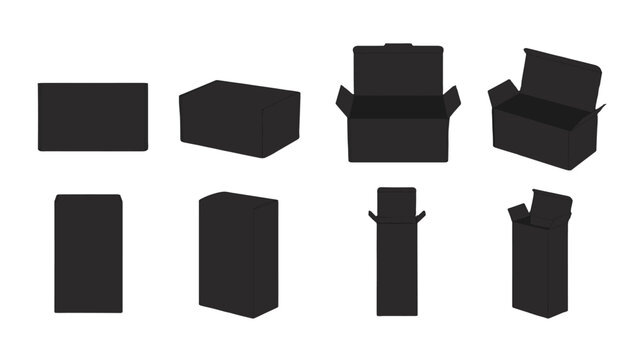 Black cardboard packaging boxes in multiple open and closed views
