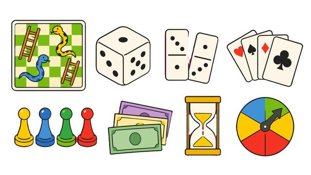 Vector set of board game pieces cards dice and spinner