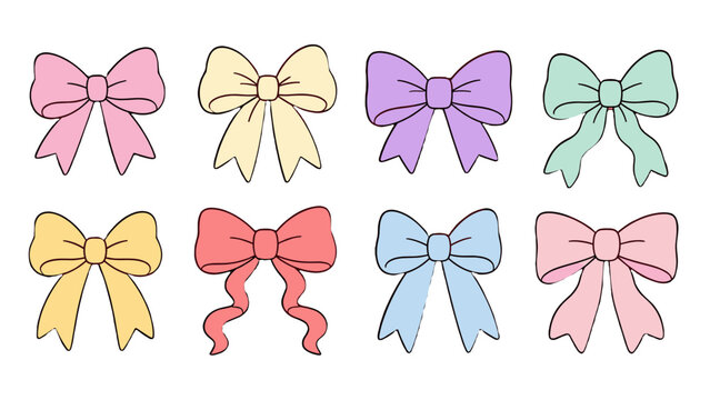 Set of pastel ribbon bows with hand drawn outline style
