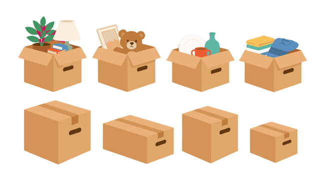 Set of cardboard moving boxes with household items and closed boxes