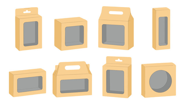 Set of cardboard packaging boxes with transparent windows