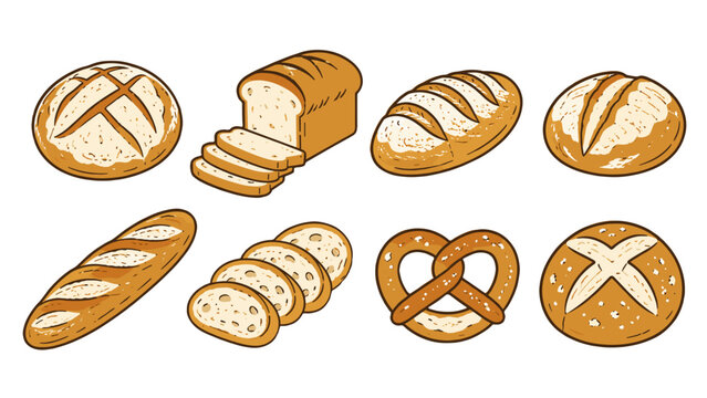 Hand drawn bread and pretzel bakery set illustration