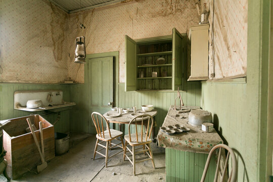 Western ghost town, abandoned kitchen in an old western home 