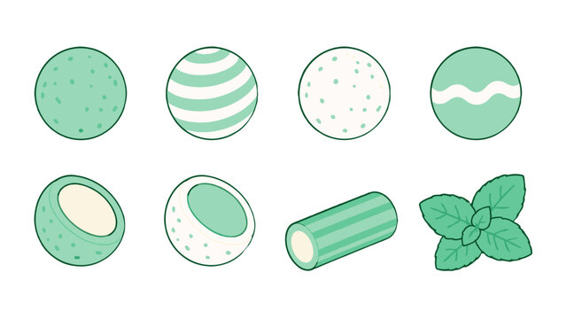 Mint candy and mint leaves set in simple green vector style