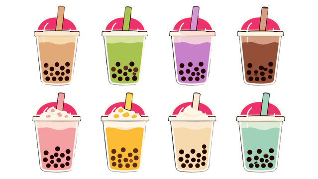 Set of colorful bubble tea cups with tapioca pearls