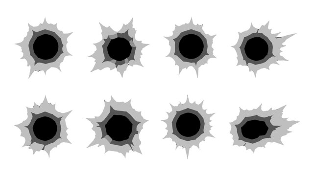 Set of bullet hole impact marks in gray vector style