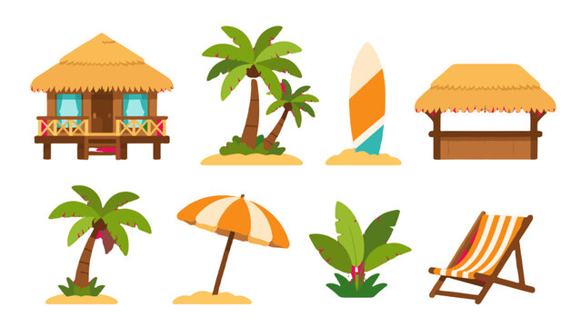 Tropical beach elements set with hut palms umbrella and chair