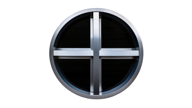 Isolated sleek metallic round abstract window or vent with prominent cross divisions