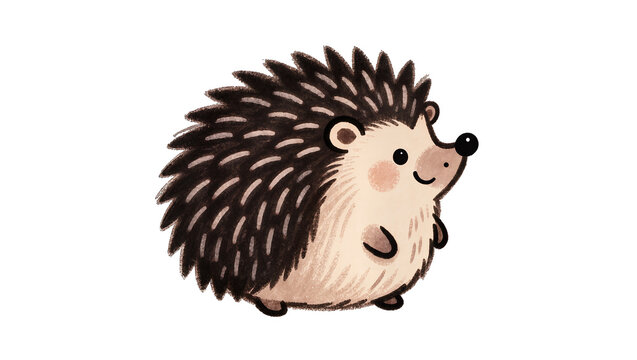 Isolated cute smiling baby hedgehog cartoon drawing, adorable friendly hand-drawn digital illustration