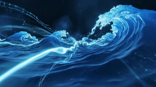 Blue Abstract Ocean Waves Flow Across Digital Night.