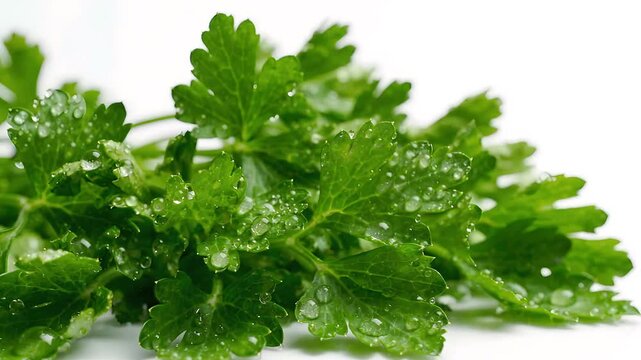 Fresh parsley leaves with water droplets on white background