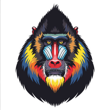Mandrill monkey head vector illustration isolated on white background. Colorful primate portrait with vibrant red nose, blue cheeks, yellow beard, and detailed stylized fur.