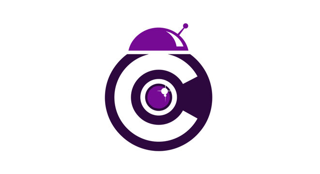 Modern purple circular robot eye technology logo icon.