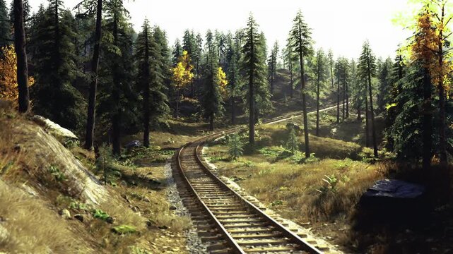 Abandoned logging line in late afternoon light, rusty rails halfhidden by vines and moss, sleepers sinking into soft earth, aged textures and quiet mood