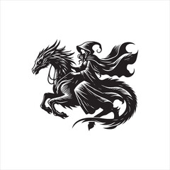 Fototapeta premium Black and white illustration of a witch riding a dragon against a clean white background with bold lines and dynamic composition.