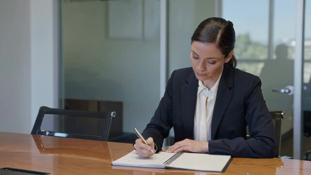 Professional woman signing document at office desk