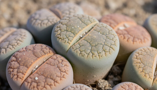 Lithops living stone succulent macro texture with fleshy matte split leaves
