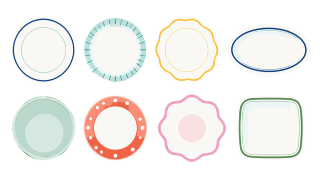 Set of colorful empty plates in assorted shapes and patterns