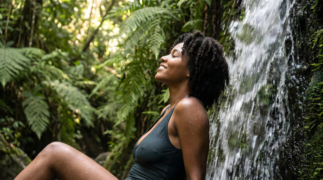 Profile of beautiful african american woman relaxing under tropical waterfall in green jungle concept of exotic travel summer vacation wellness retreat and peaceful nature connection