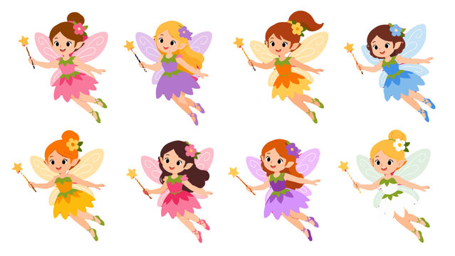 Set of cute fairy girls with wings and magic wands