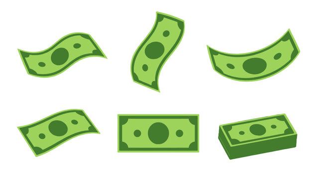 Cartoon green paper money bills and cash stack set