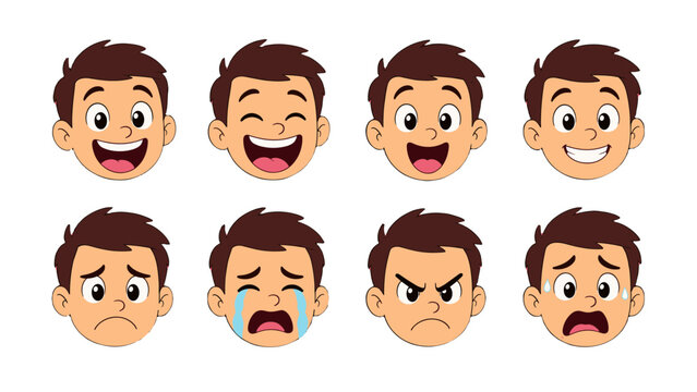 Cartoon boy face set with happy sad crying and angry expressions