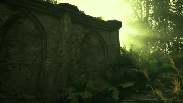Golden rays of sunlight pour into a serene forest scene, touching the worn stone walls of an old structure. Lush ferns surround the area, creating a tranquil and enchanting atmosphere.