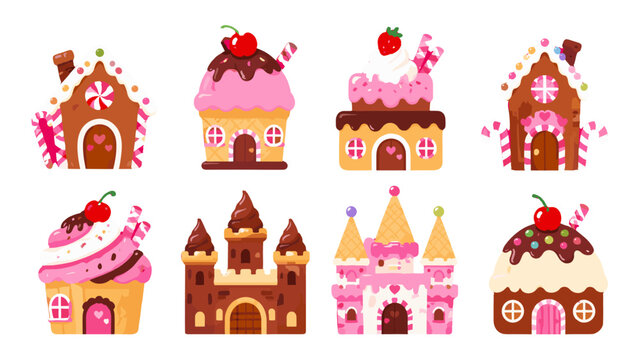 Cute candy and dessert houses collection in cartoon vector style
