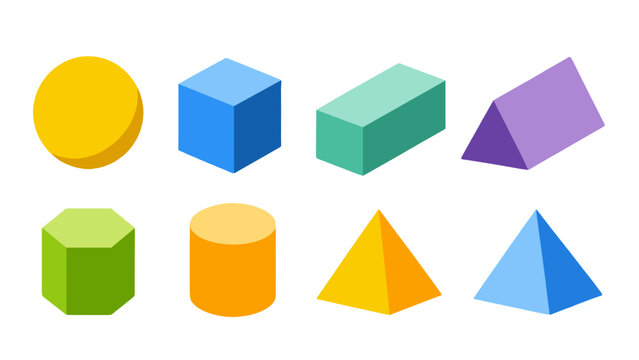 Set of colorful geometric 3D shapes on white background