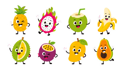 Cute tropical fruit cartoon characters set on white background © Alan