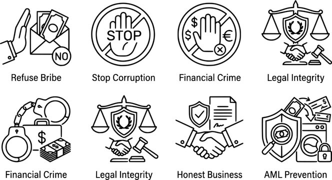 Professional vector icon set of anti corruption, anti bribery, and corporate compliance. Minimalist thin line art style with editable stroke. Includes icons for refusing bribe money, stop corruption 