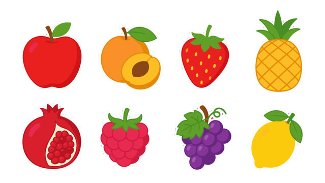 Cartoon fruit sticker set with apple, strawberry, grapes and more