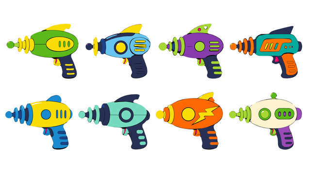Set of colorful retro ray gun blasters in cartoon vector style