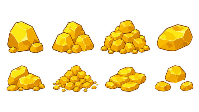Set of cartoon gold nugget and ore pile vector elements