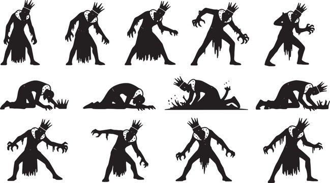 Black silhouette collection of an undead king or lich character wearing a crown and tattered clothing, featuring various poses including standing, crouching, and crawling on white background.