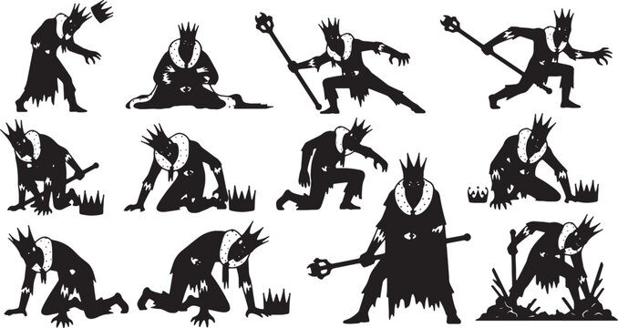 Set of dark fantasy silhouette illustrations depicting skeletal kings, zombie lords, and monstrous royalty wearing crowns and carrying scepters in tattered robes on white.