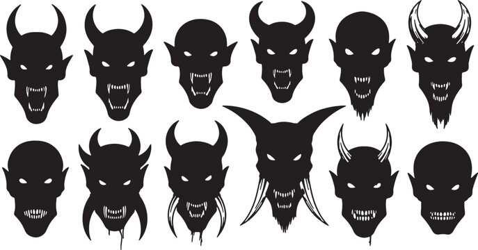 Set of eleven black devil head silhouettes with varying horn shapes, sharp teeth, and sinister expressions. Monster and demon face icons isolated on white background vector illustration.